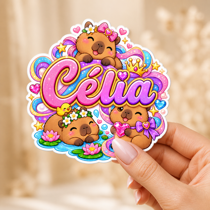 Sticker prénom personnalisable Capybara Trio Magique 💕✨