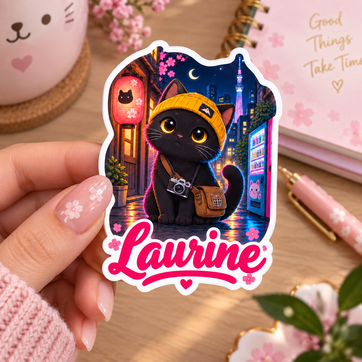 Sticker prénom personnalisable Chat Explorateur Tokyo 🐱📷✨ (PROMO -20%)