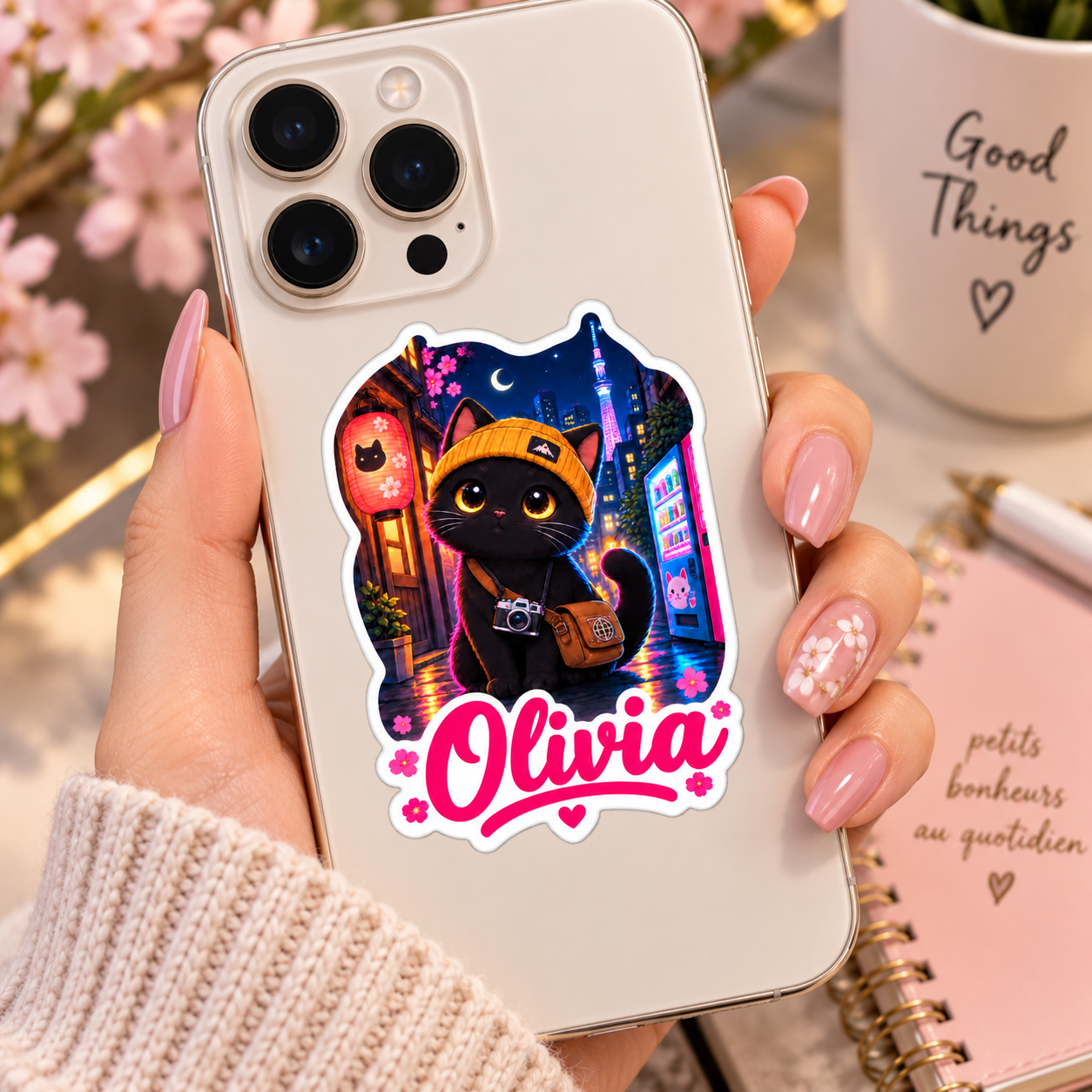 Sticker prénom personnalisable Chat Explorateur Tokyo 🐱📷✨ (PROMO -20%)