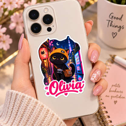 Sticker prénom personnalisable Chat Explorateur Tokyo 🐱📷✨ (PROMO -20%)