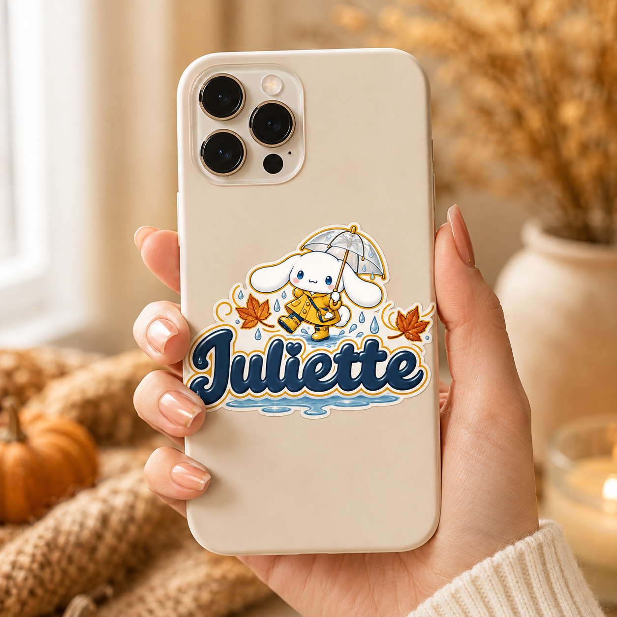 Sticker prénom personnalisable Cinnamoroll Pluie Automne 🐰🍂✨