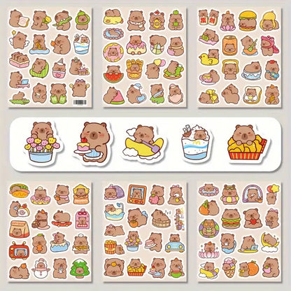un lot de 20 stickers inspiré des capybaras. Idéal pour le scrapbooking, ils sont adorablement représentés dans des situations de la vie quotidienne drôles et amusantes.