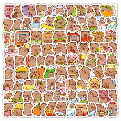 un lot de 20 stickers inspiré des capybaras. Idéal pour le scrapbooking, ils sont adorablement représentés dans des situations de la vie quotidienne drôles et amusantes.