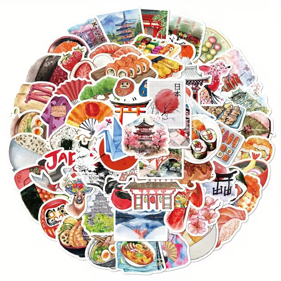 un lot de stickers sur le thème du Japon : kokeshi, daruma, tori, kimono et nourriture japonaise
