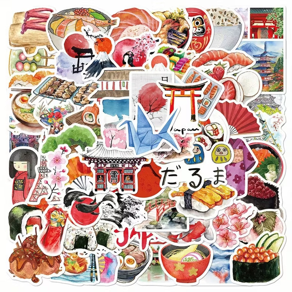 un lot de stickers sur le thème du Japon : kokeshi, daruma, tori, kimono et nourriture japonaise