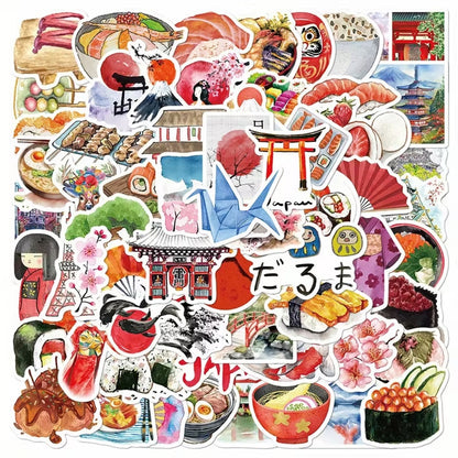 un lot de stickers sur le thème du Japon : kokeshi, daruma, tori, kimono et nourriture japonaise