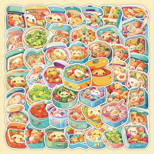 des stickers représentant différents bentos colorés et kawaii. Garnitures colorées et différentes qui appellent à la gourmandise