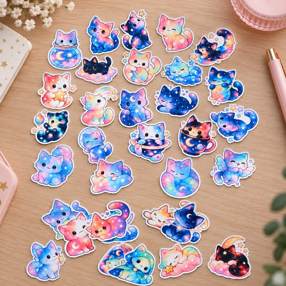Lot de stickers chats galaxie kawaii aux couleurs pastel, avec étoiles, lunes, planètes et motifs célestes, présentés dans un joli décor doux et coloré.
