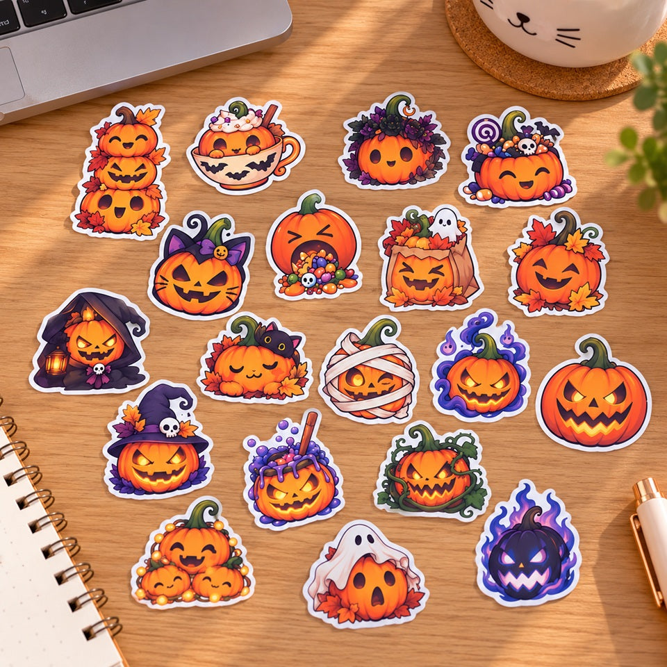 Stickers citrouilles kawaii sur le thème d’Halloween, avec fantômes, sorcières, chats et décorations automnales, présentés sur un bureau en bois clair.