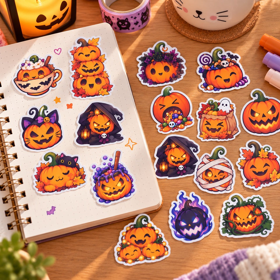Stickers citrouilles kawaii sur le thème d’Halloween, décorés de fantômes, chats et détails automnaux, disposés sur un carnet et un bureau en bois.