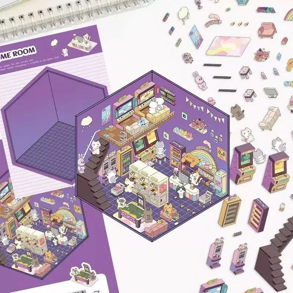 Des stickers créatifs ludiques et amusants pour créer ta salle d'arcade où les chats viennent s'amuser. Imagine et crée un espace coloré et mignon grâce aux différents autocollants à placer où bon te semble pour créer une salle à ton image. 