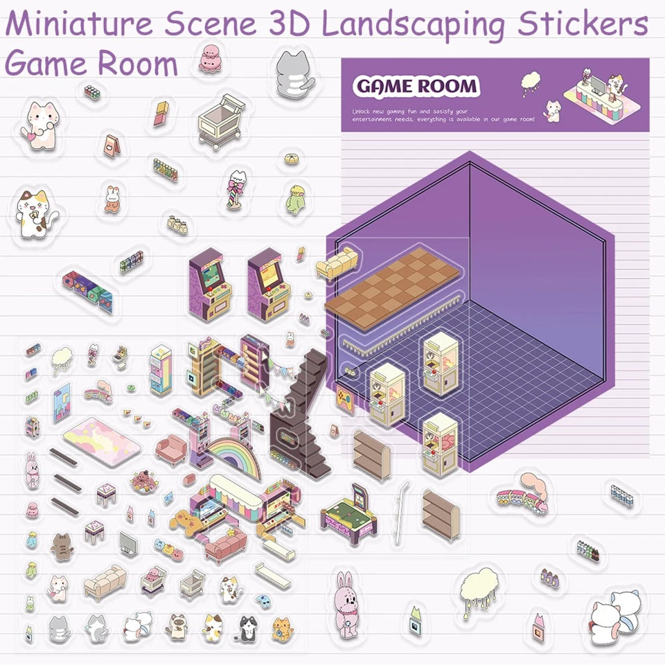 Des stickers créatifs ludiques et amusants pour créer ta salle d'arcade où les chats viennent s'amuser. Imagine et crée un espace coloré et mignon grâce aux différents autocollants à placer où bon te semble pour créer une salle à ton image. 