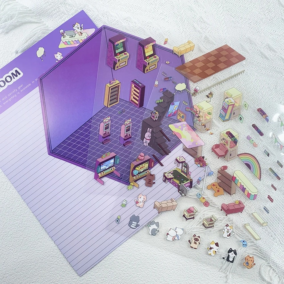 Des stickers créatifs ludiques et amusants pour créer ta salle d'arcade où les chats viennent s'amuser. Imagine et crée un espace coloré et mignon grâce aux différents autocollants à placer où bon te semble pour créer une salle à ton image. 