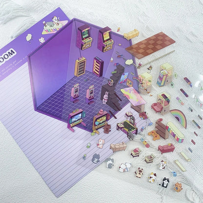 Des stickers créatifs ludiques et amusants pour créer ta salle d'arcade où les chats viennent s'amuser. Imagine et crée un espace coloré et mignon grâce aux différents autocollants à placer où bon te semble pour créer une salle à ton image. 