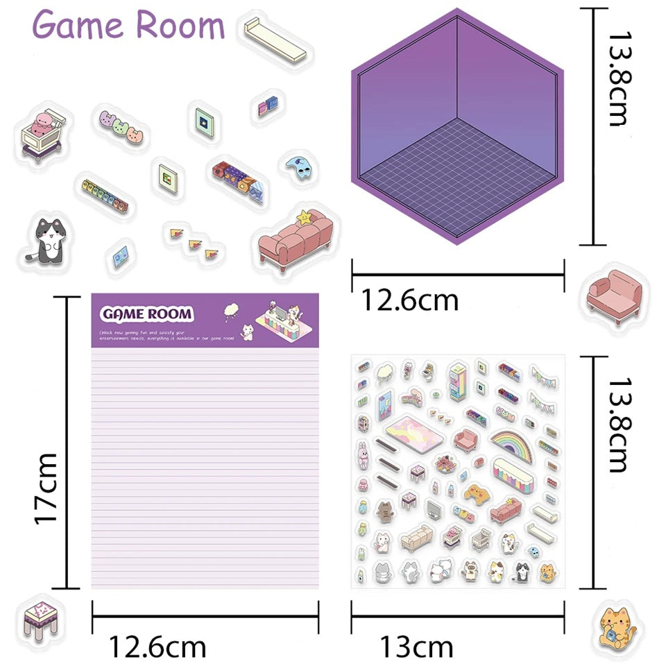 Des stickers créatifs ludiques et amusants pour créer ta salle d'arcade où les chats viennent s'amuser. Imagine et crée un espace coloré et mignon grâce aux différents autocollants à placer où bon te semble pour créer une salle à ton image. 