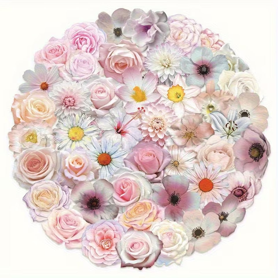 un lot de 20 stickers en forme de fleurs diverses et variées dans des teintes de couleurs roses pâles et blanc. Effet vintage, romantique et douceur florale. Idéal pour le scrapbooking.