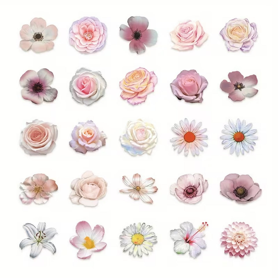 un lot de 20 stickers en forme de fleurs diverses et variées dans des teintes de couleurs roses pâles et blanc. Effet vintage, romantique et douceur florale. Idéal pour le scrapbooking.