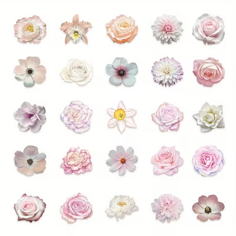 un lot de 20 stickers en forme de fleurs diverses et variées dans des teintes de couleurs roses pâles et blanc. Effet vintage, romantique et douceur florale. Idéal pour le scrapbooking.