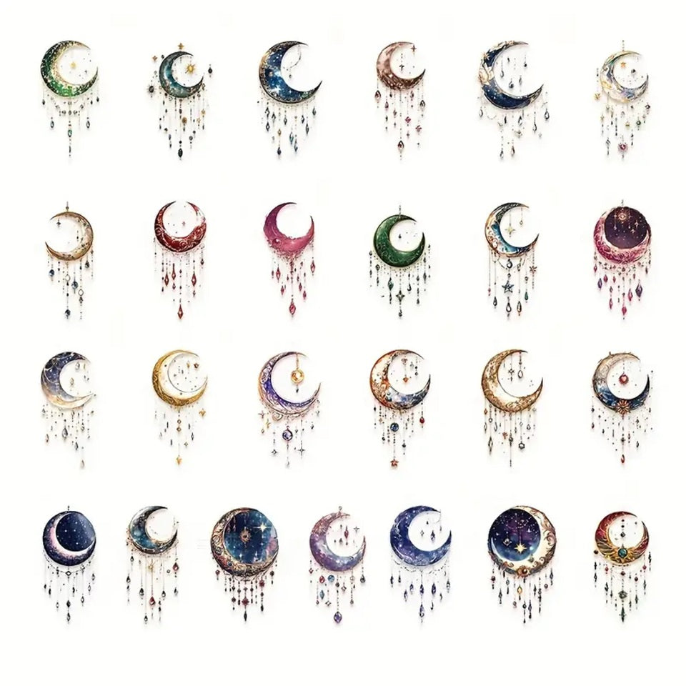 des stickers en forme de lune coloré et décorées de détails dorés, des pampilles et strass colorés et brillantes y sont suspendus