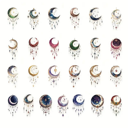 des stickers en forme de lune coloré et décorées de détails dorés, des pampilles et strass colorés et brillantes y sont suspendus