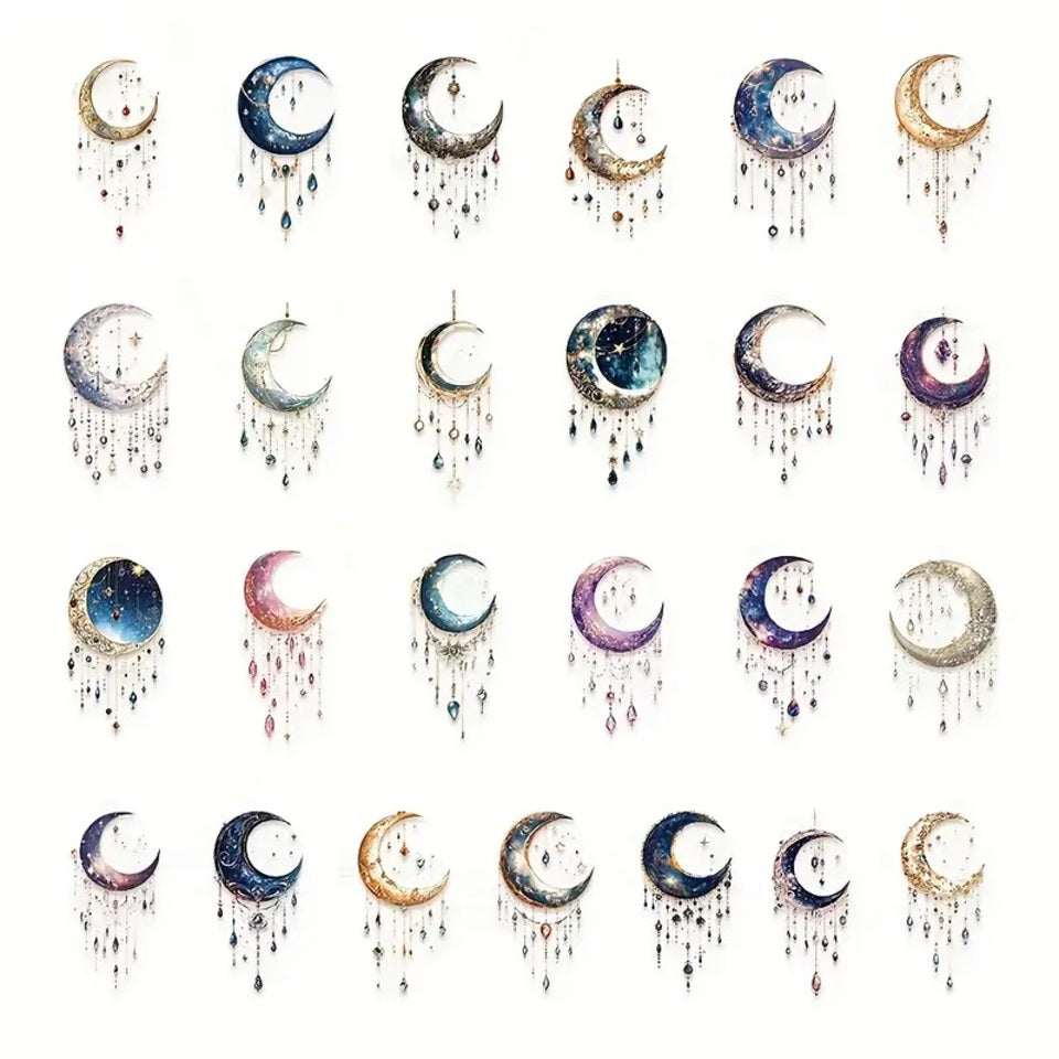 des stickers en forme de lune coloré et décorées de détails dorés, des pampilles et strass colorés et brillantes y sont suspendus