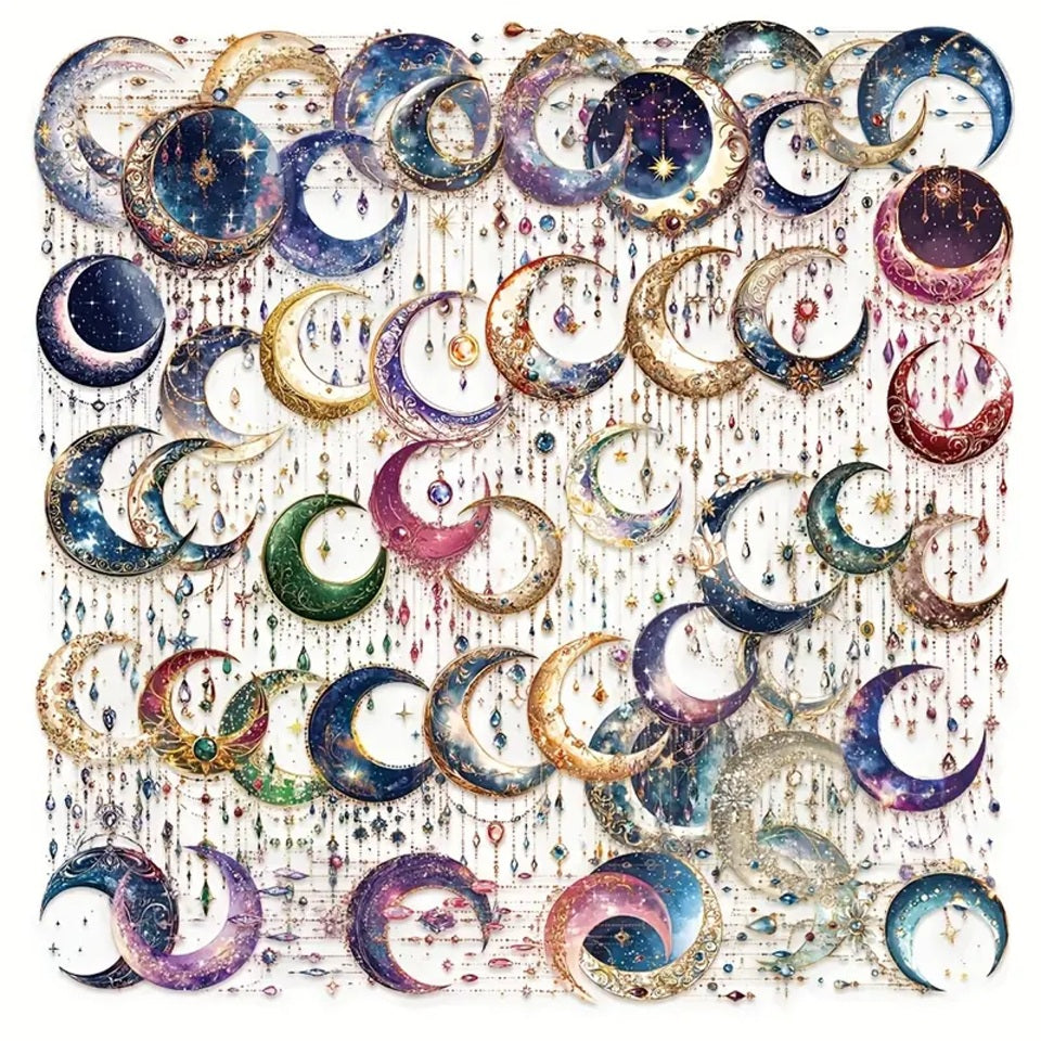 des stickers en forme de lune coloré et décorées de détails dorés, des pampilles et strass colorés et brillantes y sont suspendus