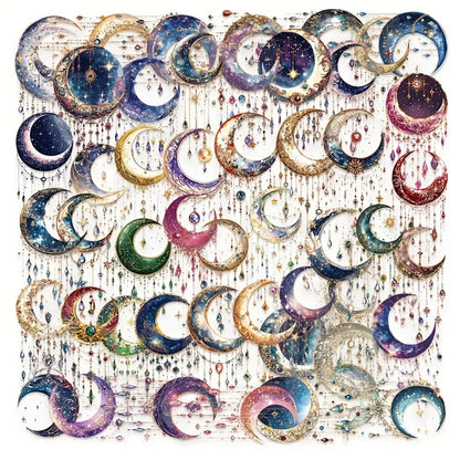 des stickers en forme de lune coloré et décorées de détails dorés, des pampilles et strass colorés et brillantes y sont suspendus