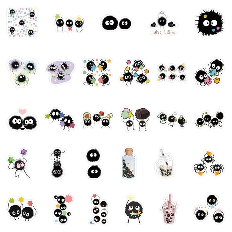 des stickers inspirés des petites noiraudes de Mon voisin Totoro et Le voyage de Chihiro du Studio Ghibli. Des noiraudes courageuses, joyeuses et adorablement mignonnes !