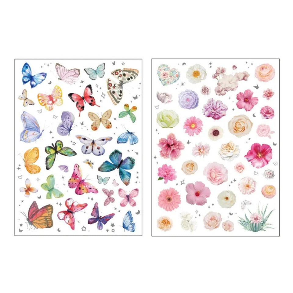 des planches de stickers représentant des papillons colorés et des fleurs. Style floral, printanier et poétique tout en douceur et en couleur. Parfaits pour le scrapbooking.