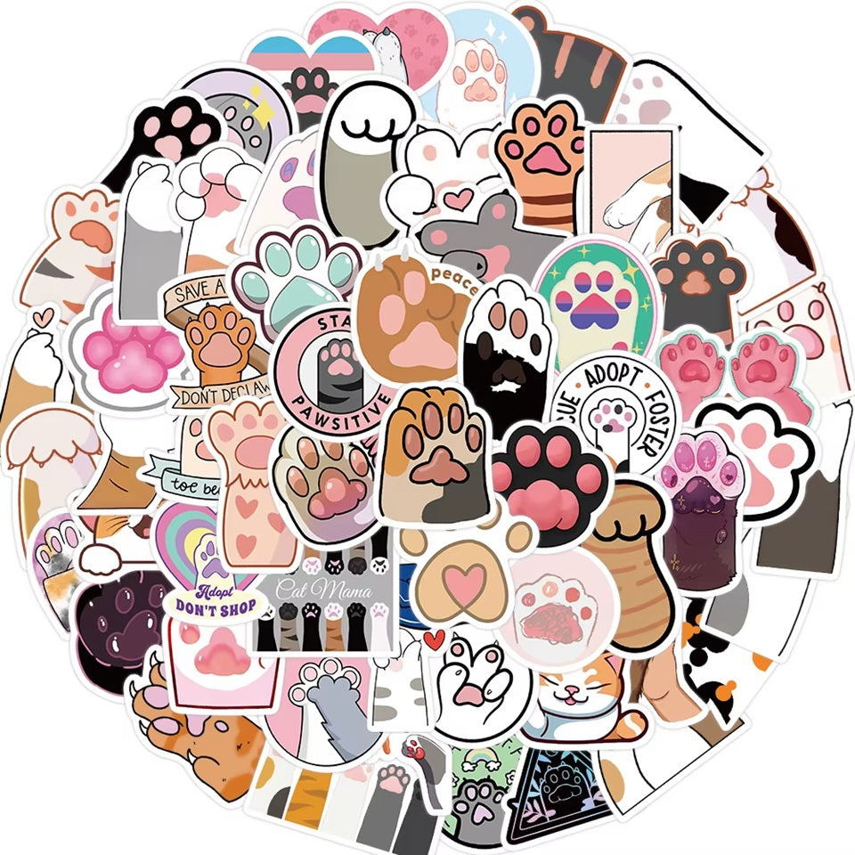 des stickers en forme de pattes de chat colorées et diverses. Idéal pour tous les projets créatifs.