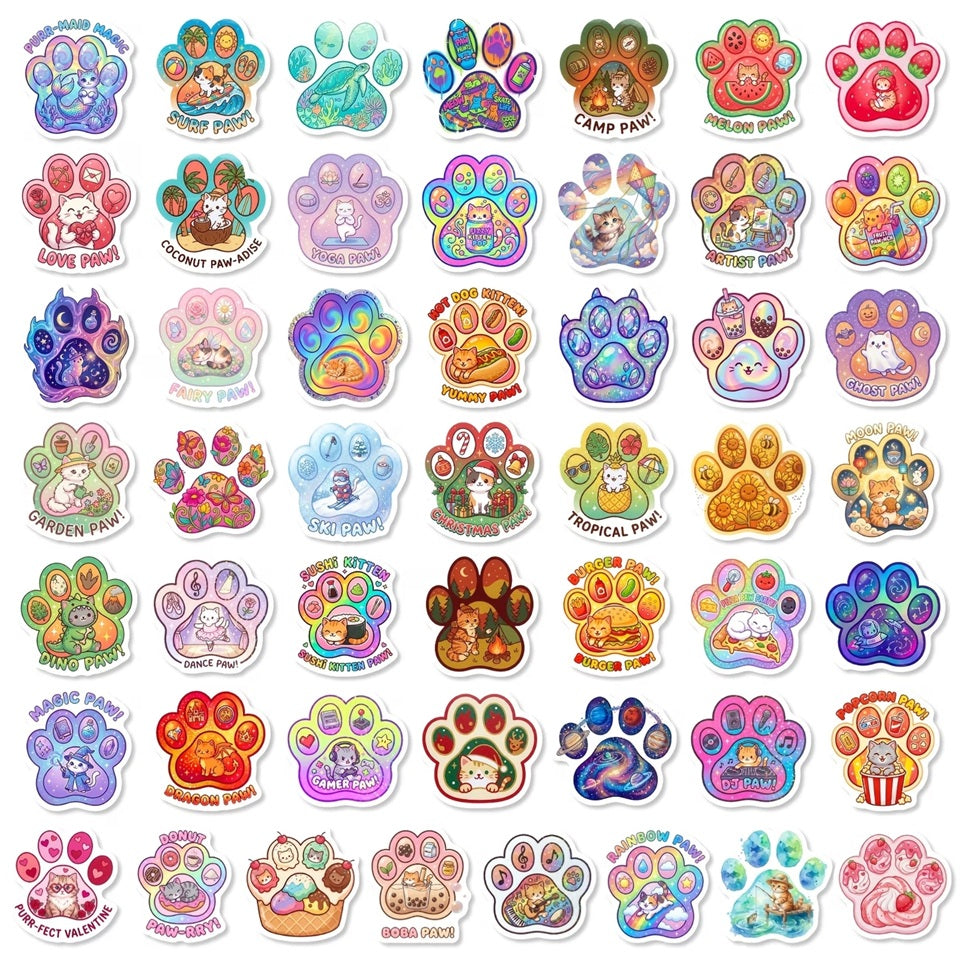 une jolie collection de stickers en forme de pattes de chat colorées dans lesquelles se trouvent des scénettes adorables de chat dans des situations de la vie quotidienne : danse, musique, au bureau etc...Parfaits pour le scrapbooking !