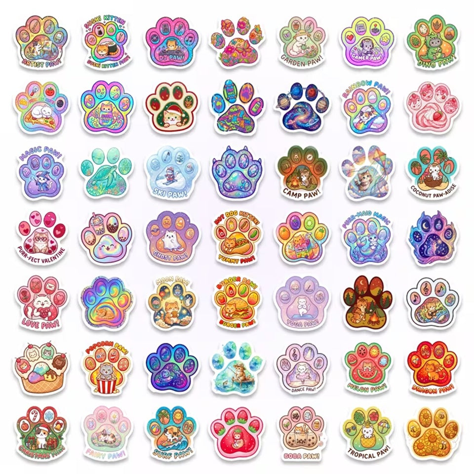 une jolie collection de stickers en forme de pattes de chat colorées dans lesquelles se trouvent des scénettes adorables de chat dans des situations de la vie quotidienne : danse, musique, au bureau etc... 