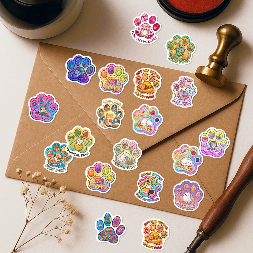 une jolie collection de stickers en forme de pattes de chat colorées dans lesquelles se trouvent des scénettes adorables de chat dans des situations de la vie quotidienne : danse, musique, au bureau etc... présentée sur une enveloppe. 