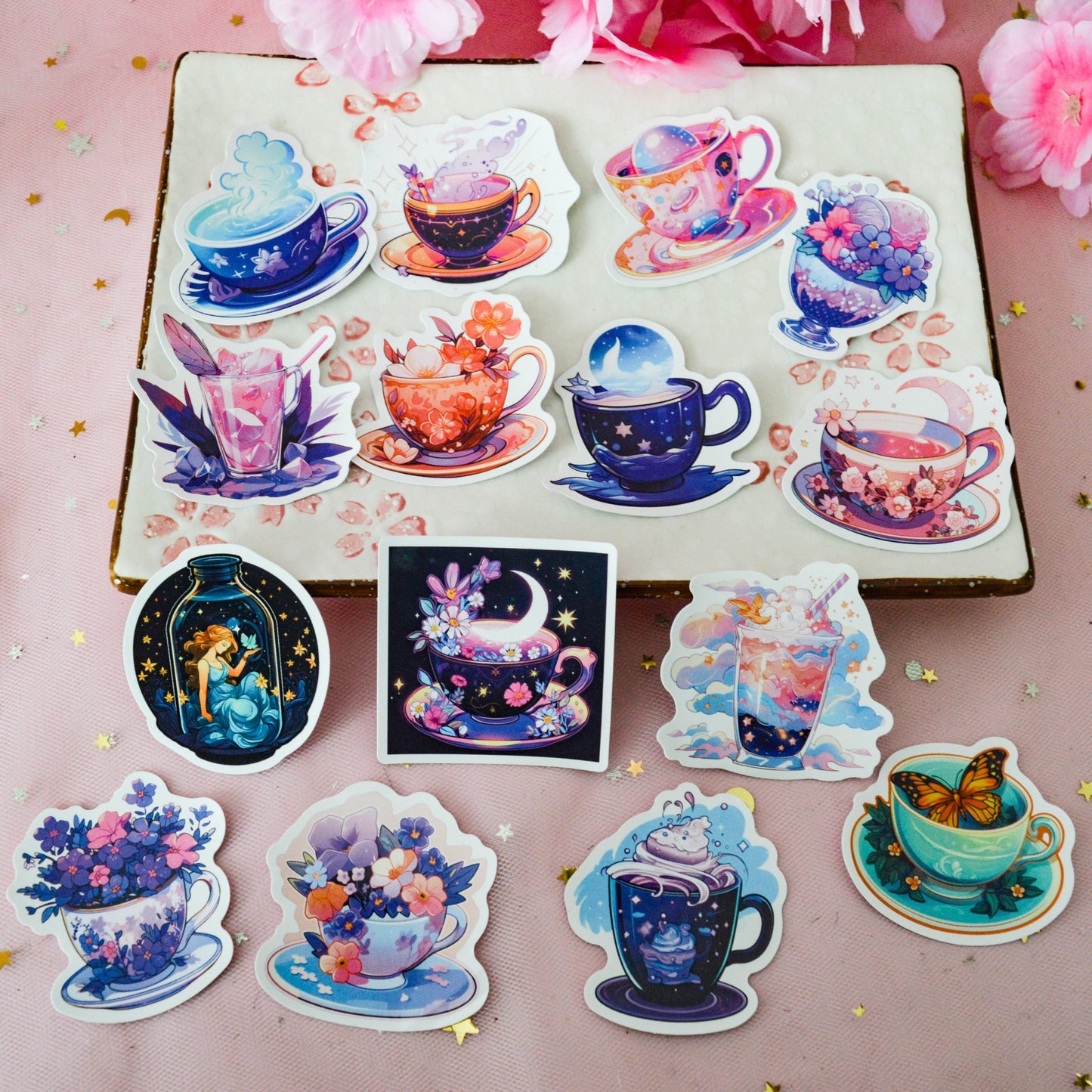 Lot de 20 stickers tasses florales célestes