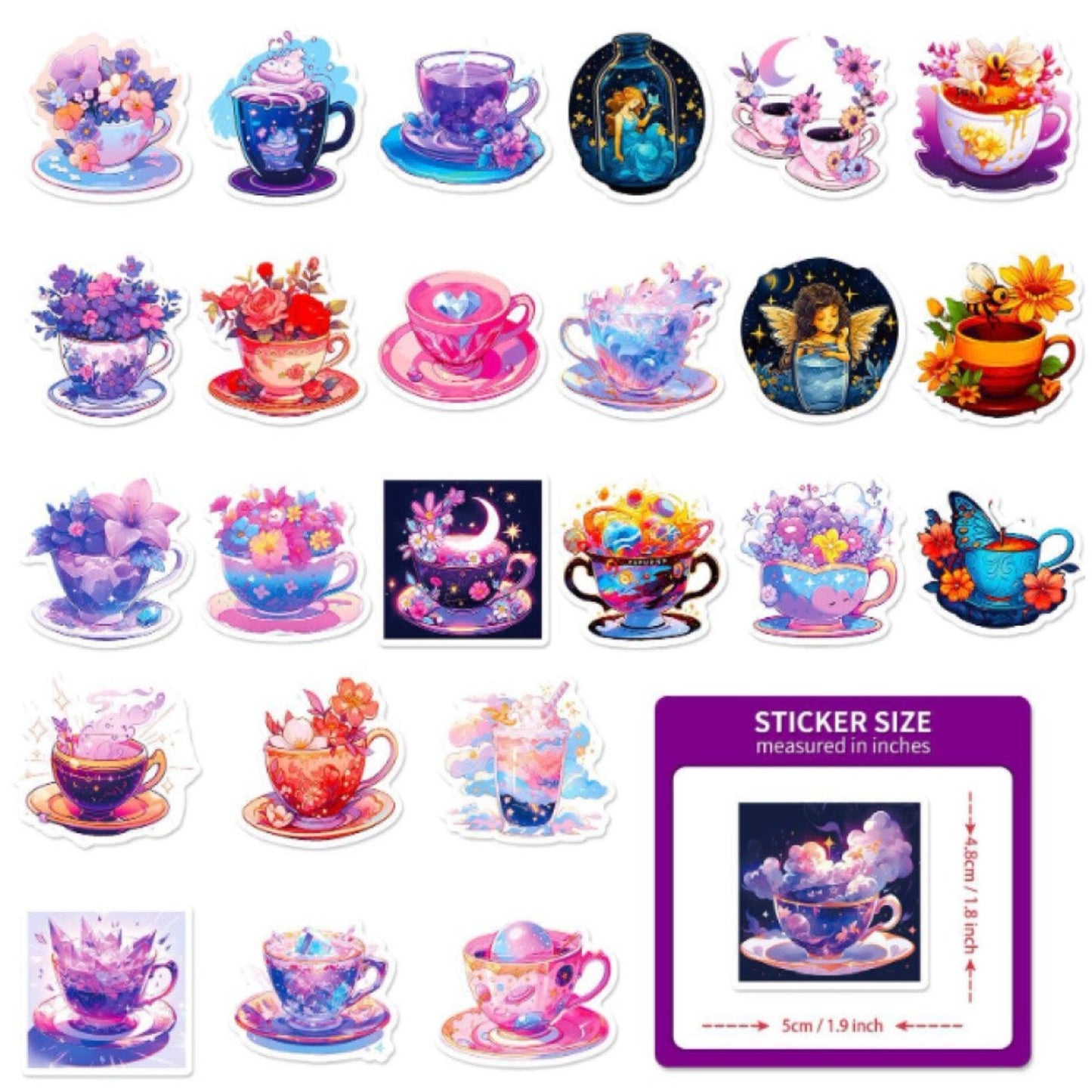 Lot de 20 stickers tasses florales célestes