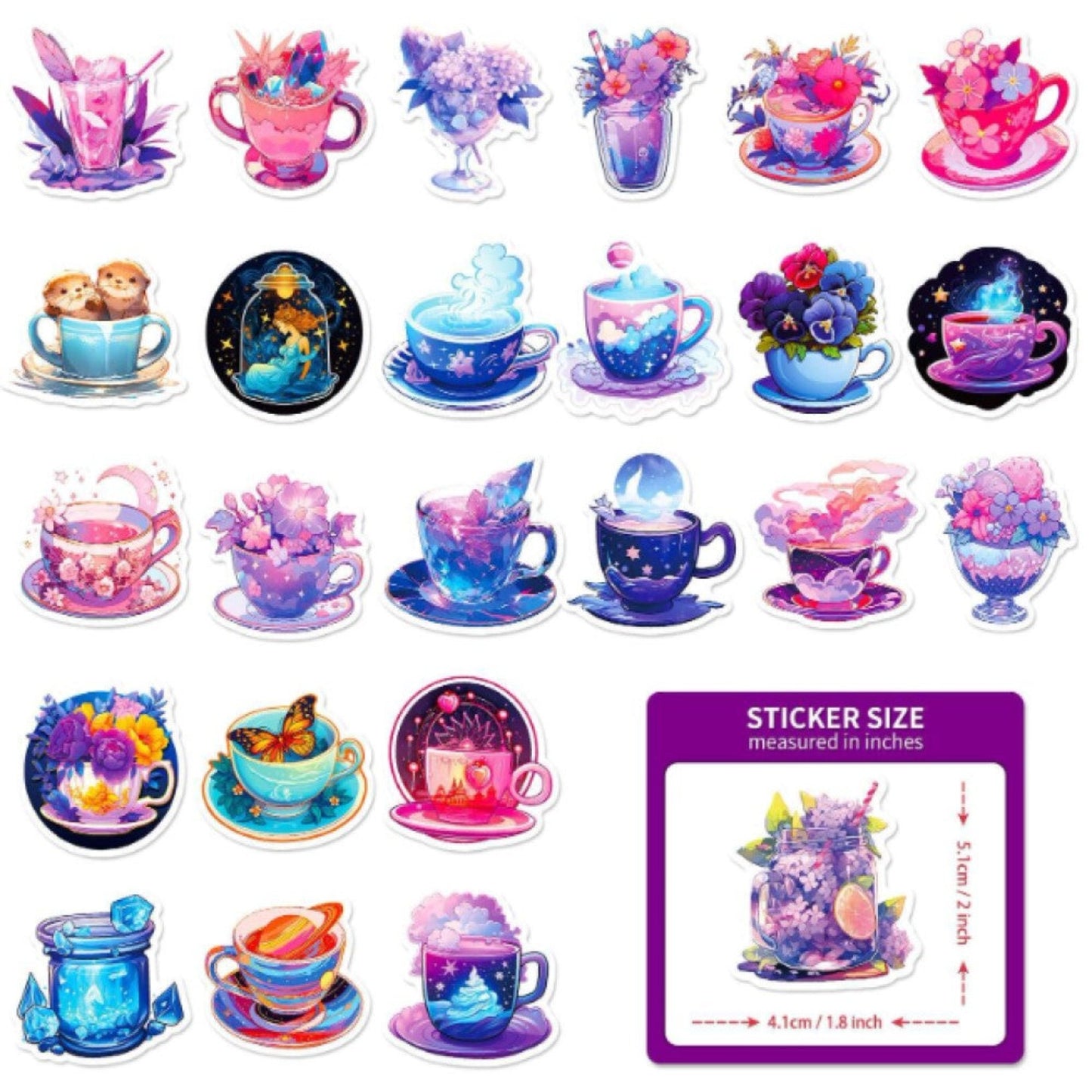 Lot de 20 stickers tasses florales célestes