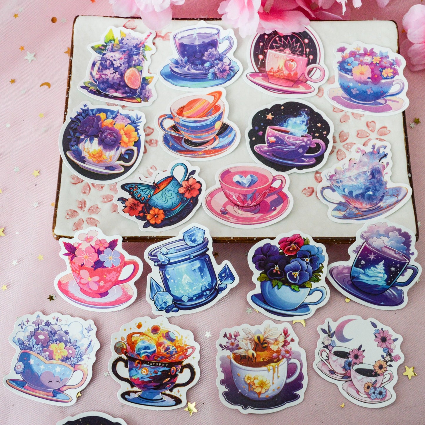 Lot de 20 stickers tasses florales célestes