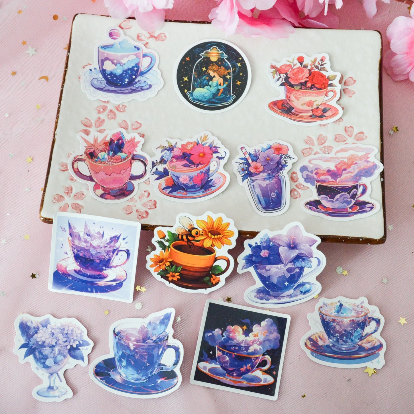 Lot de 20 stickers tasses florales célestes