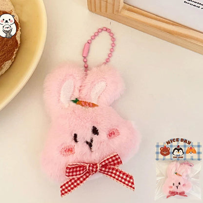 des porte-clés tout en peluche en forme d'animaux version chibi kawaii : shiba inu, ourson, vache, pingouin, lapin, chien et souris
