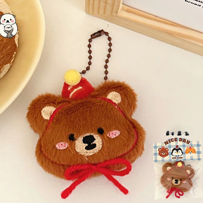 des porte-clés tout en peluche en forme d'animaux version chibi kawaii : shiba inu, ourson, vache, pingouin, lapin, chien et souris