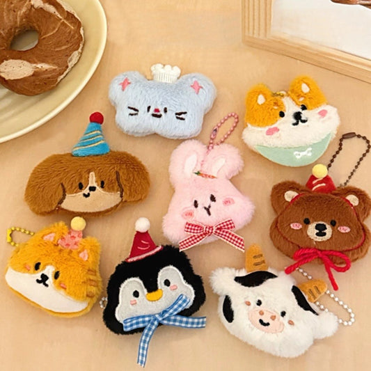 des porte-clés tout en peluche en forme d'animaux version chibi kawaii : shiba inu, ourson, vache, pingouin, lapin, chien et souris