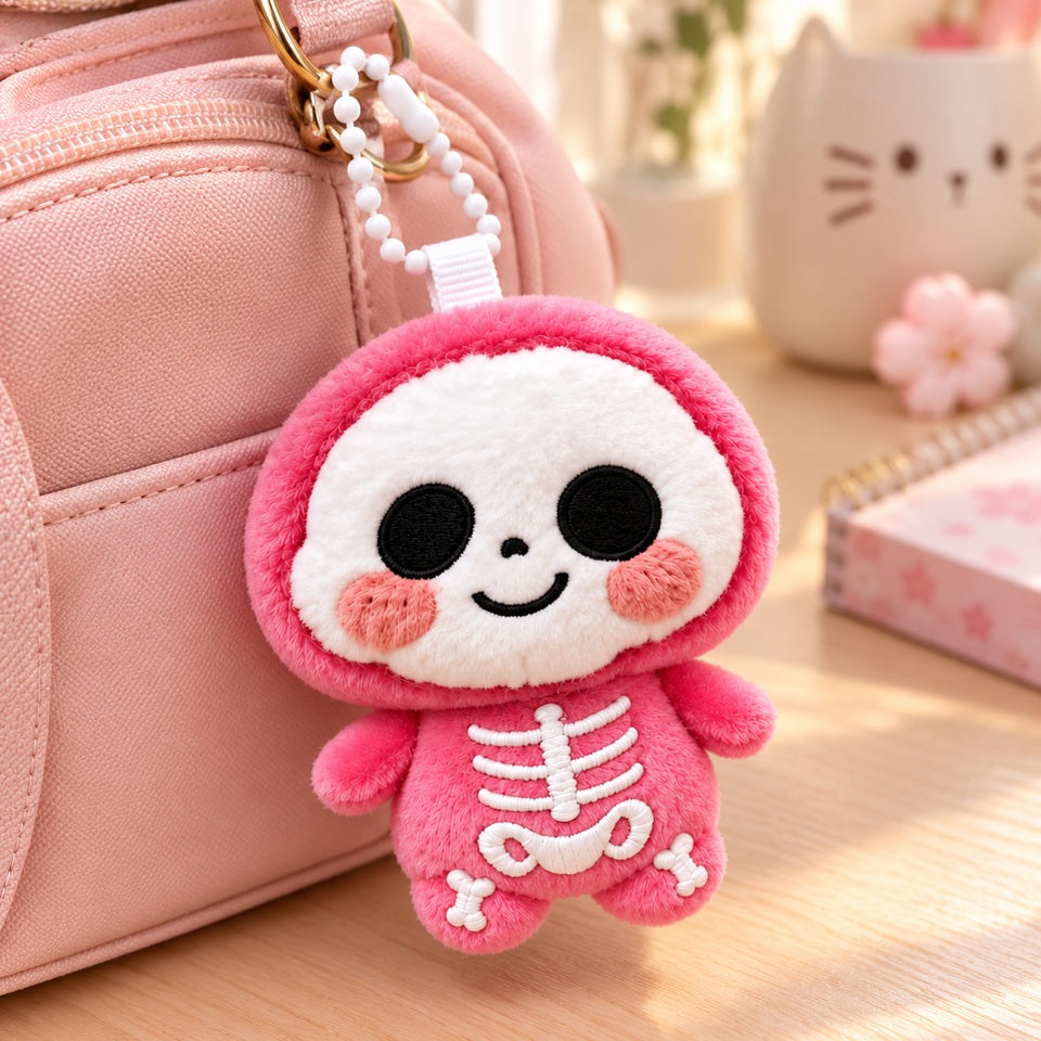 Porte-clés peluche kawaii rose en forme de petit squelette souriant, avec capuche douce, joues roses et os blancs brodés. Adorable accessoire suspendu à un sac rose pastel, idéal pour personnaliser un sac à main ou un sac à dos.