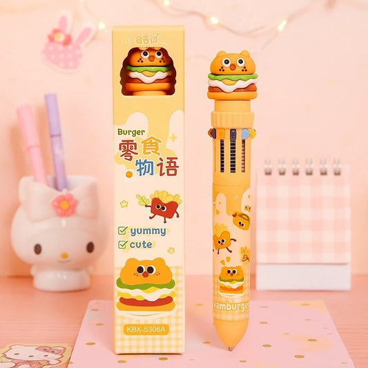 un stylo burger de 10 couleurs. Hyper rigolo et  fun à utiliser, il apporte bonne humeur et égaye la papeterie.