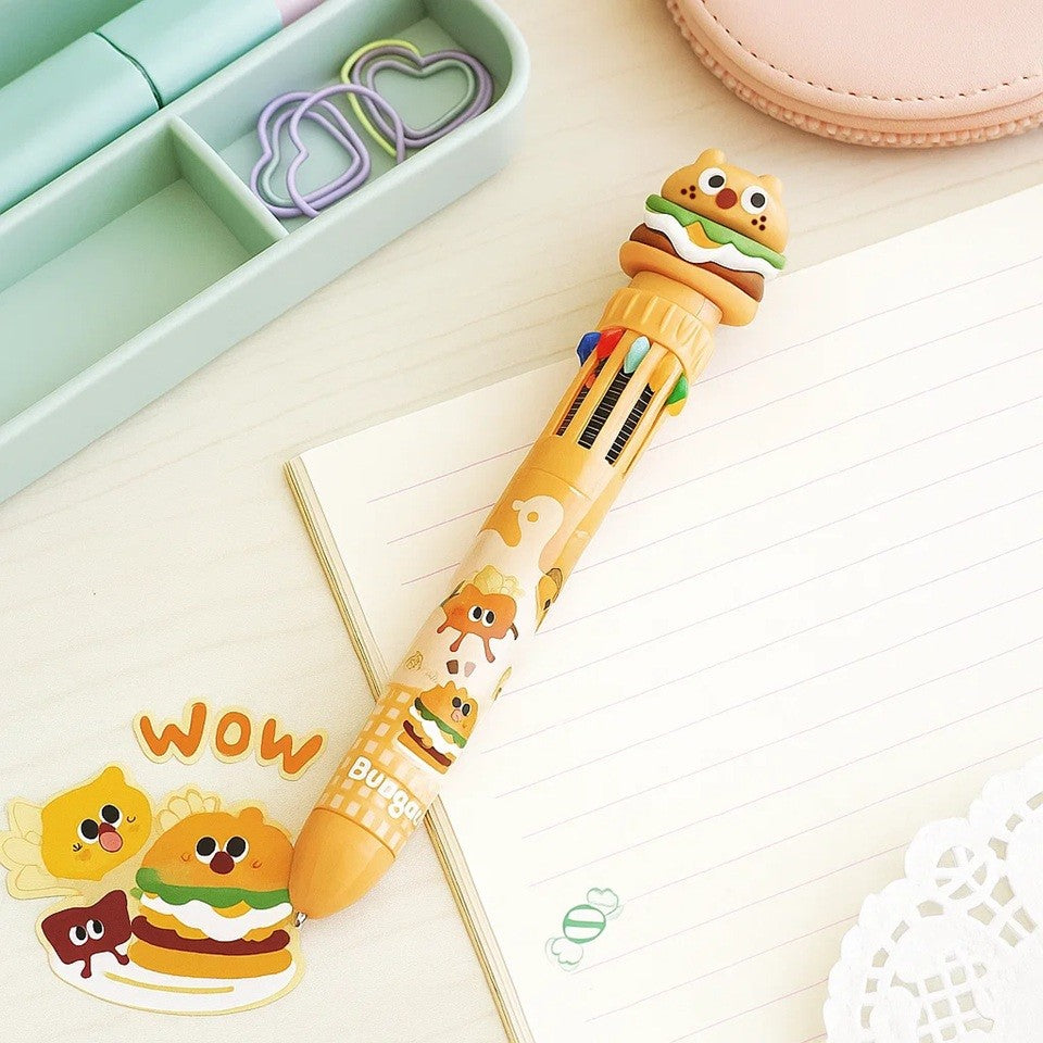 un stylo burger de 10 couleurs. Hyper rigolo et  fun à utiliser, il apporte bonne humeur et égaye la papeterie.