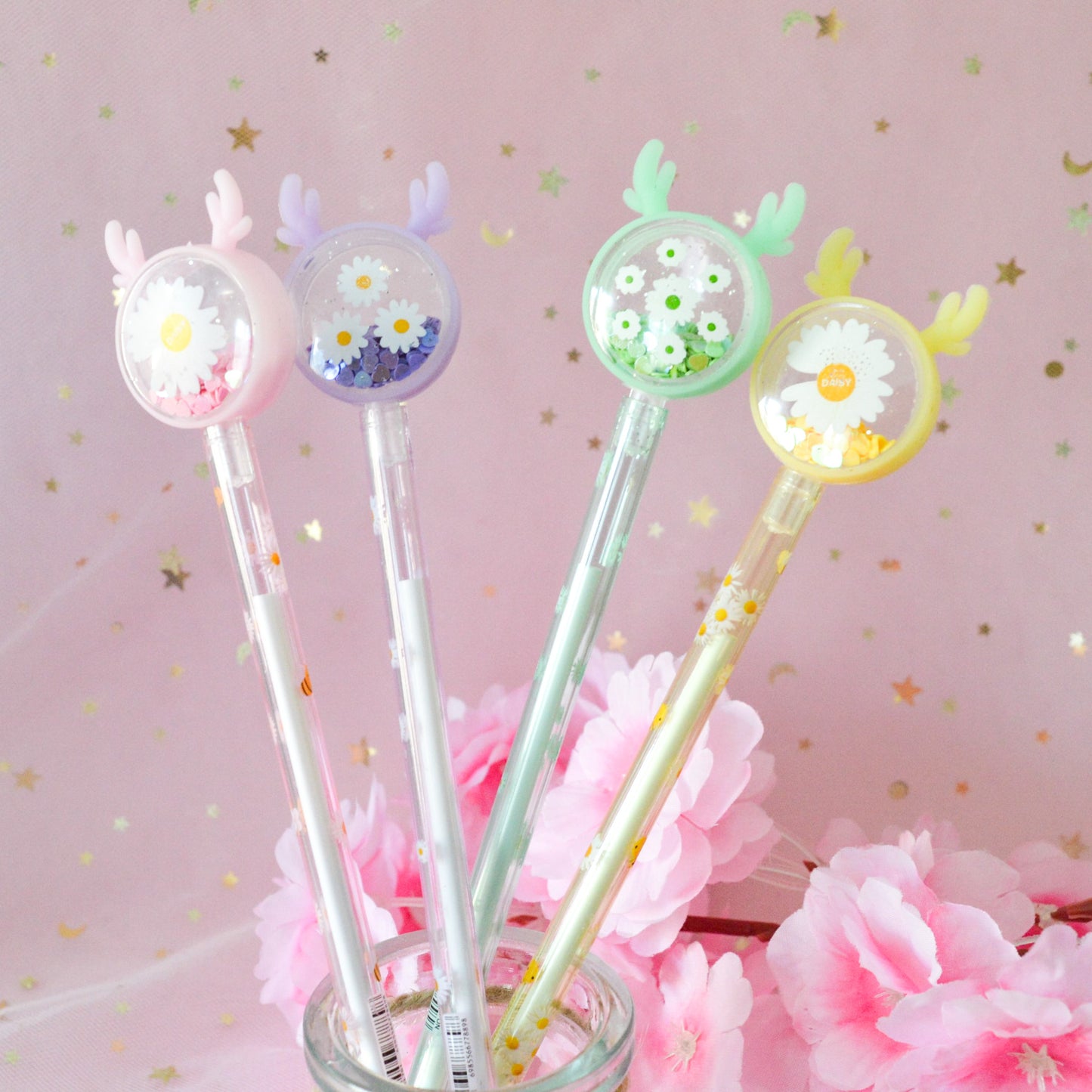 Stylo cerf paillettes et marguerites