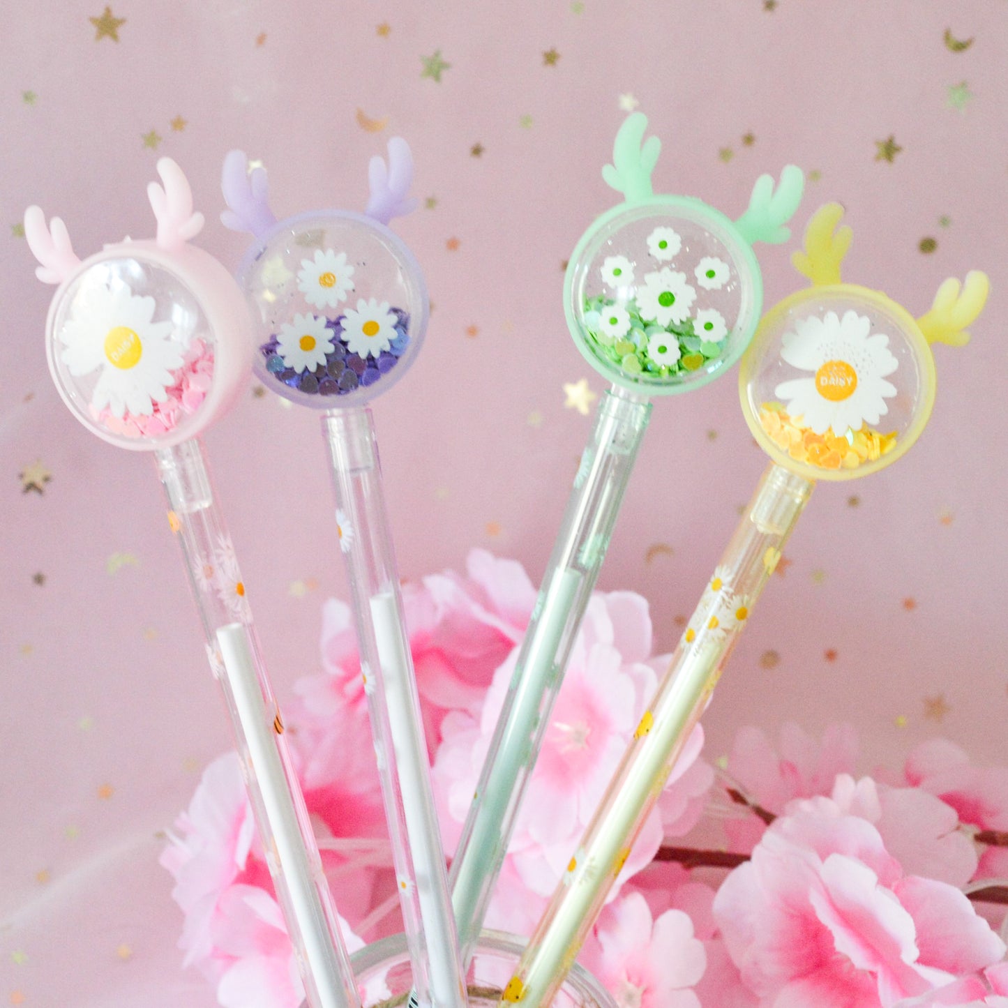 Stylo cerf paillettes et marguerites