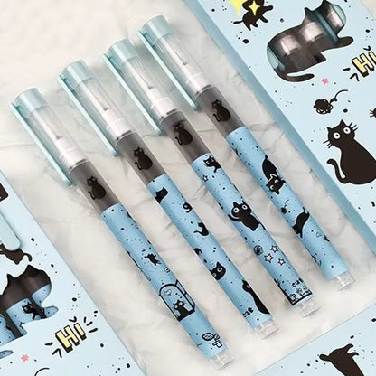 de jolis stylos bleus illustrés de chats noirs aux gros yeux expressifs. Style mignon et adorable, pointe fine pour une écriture fluide.