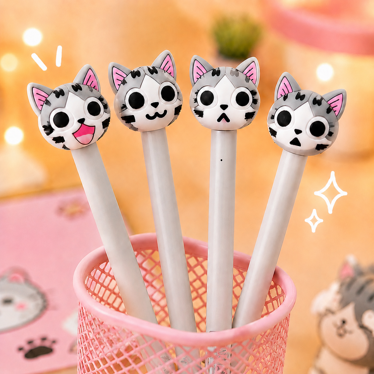 Stylos kawaii chats trop mignons aux expressions adorables, parfaits pour apporter une touche de douceur et de fun à ton bureau ✨ Ensemble de 4 stylos aux têtes de petits chats gris et roses avec différents visages kawaii, présentés dans un pot rose pastel dans une ambiance chaleureuse et cocooning.