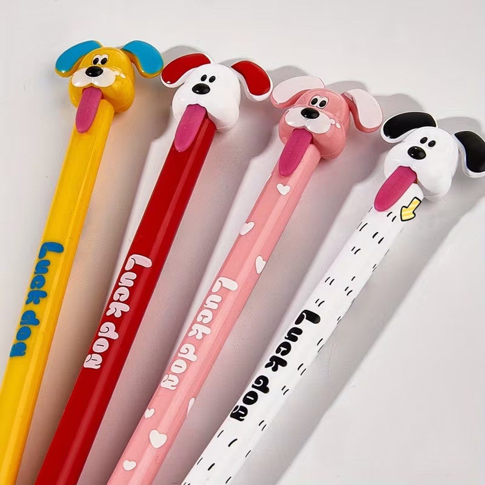 des stylos colorés et amusant en forme de chien qui tire la langue. Système amusant : pour faire sortir la mine, il faut tirer la langue ! Fun et ludique !