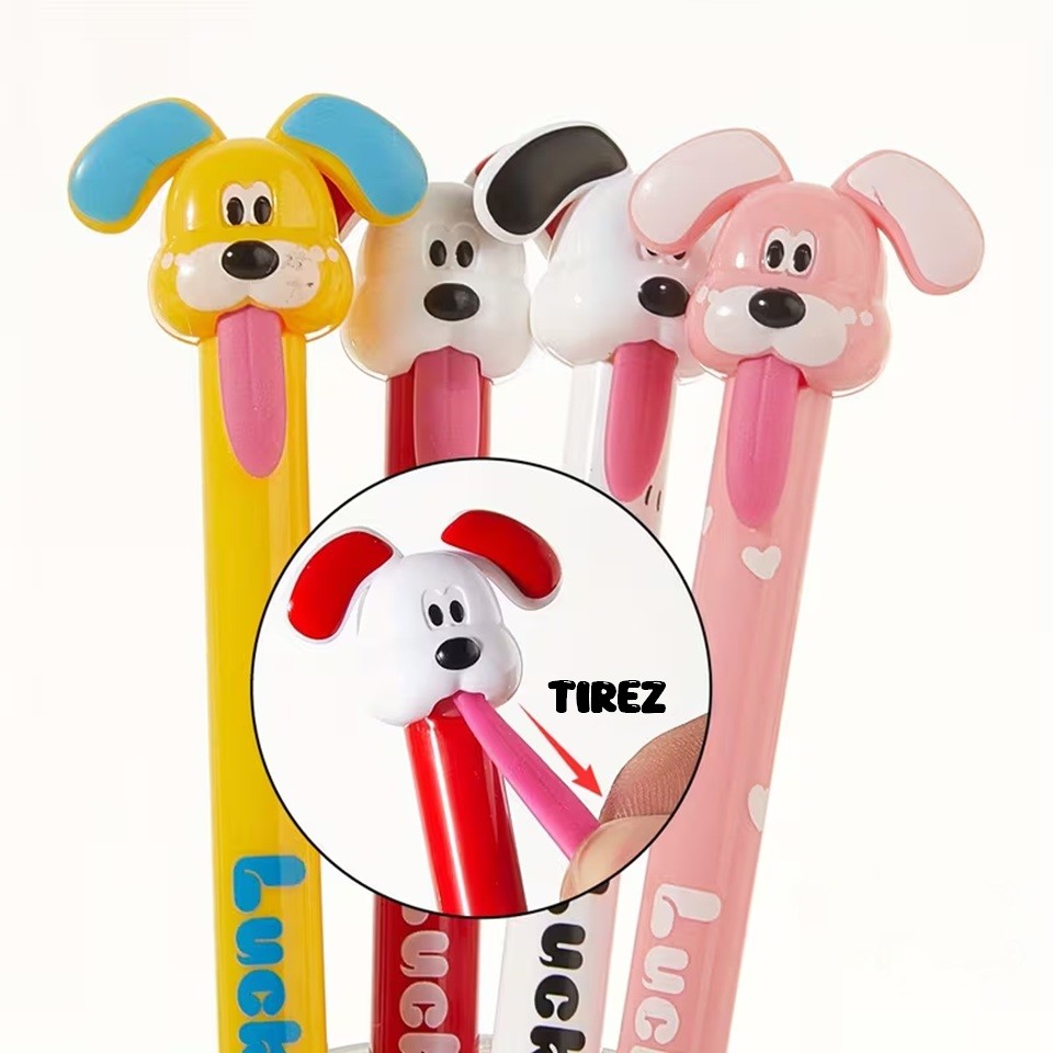 des stylos colorés et amusant en forme de chien qui tire la langue. Système amusant : pour faire sortir la mine, il faut tirer la langue ! Fun et ludique !